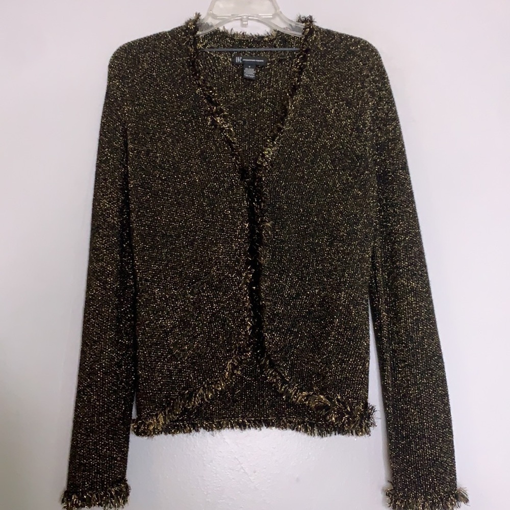 INC International concepts wool cashmere metallic gold tinsel knit Cardigan smal